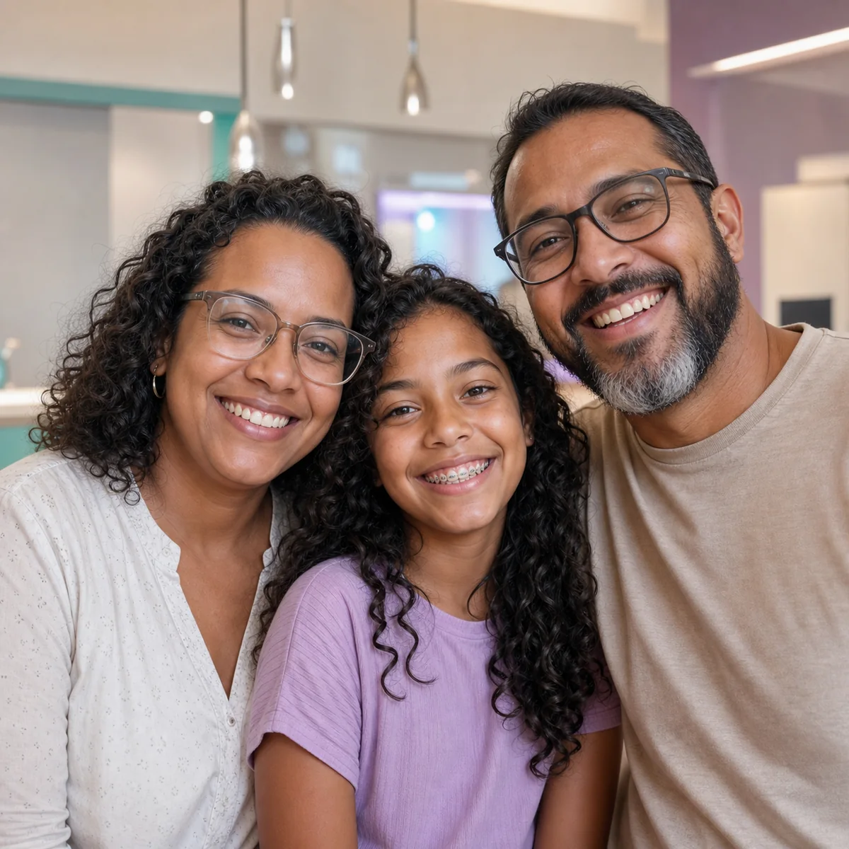 Família sorrindo; a criança usa aparelho ortodôntico